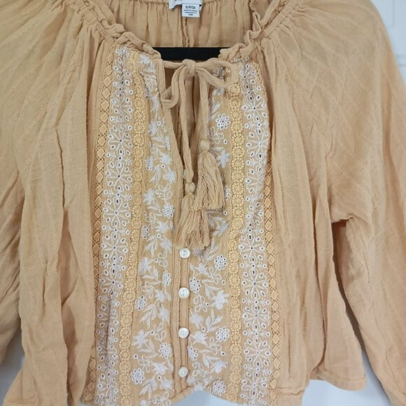 American Eagle Blouse Y2K Embroidered Boho Bohemia S Cotton Blend Mustard Womens - Picture 4 of 11
